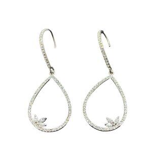 SH Pave Rhinestone Teardrop Dangle Earrings Silver Tone Hook Closure